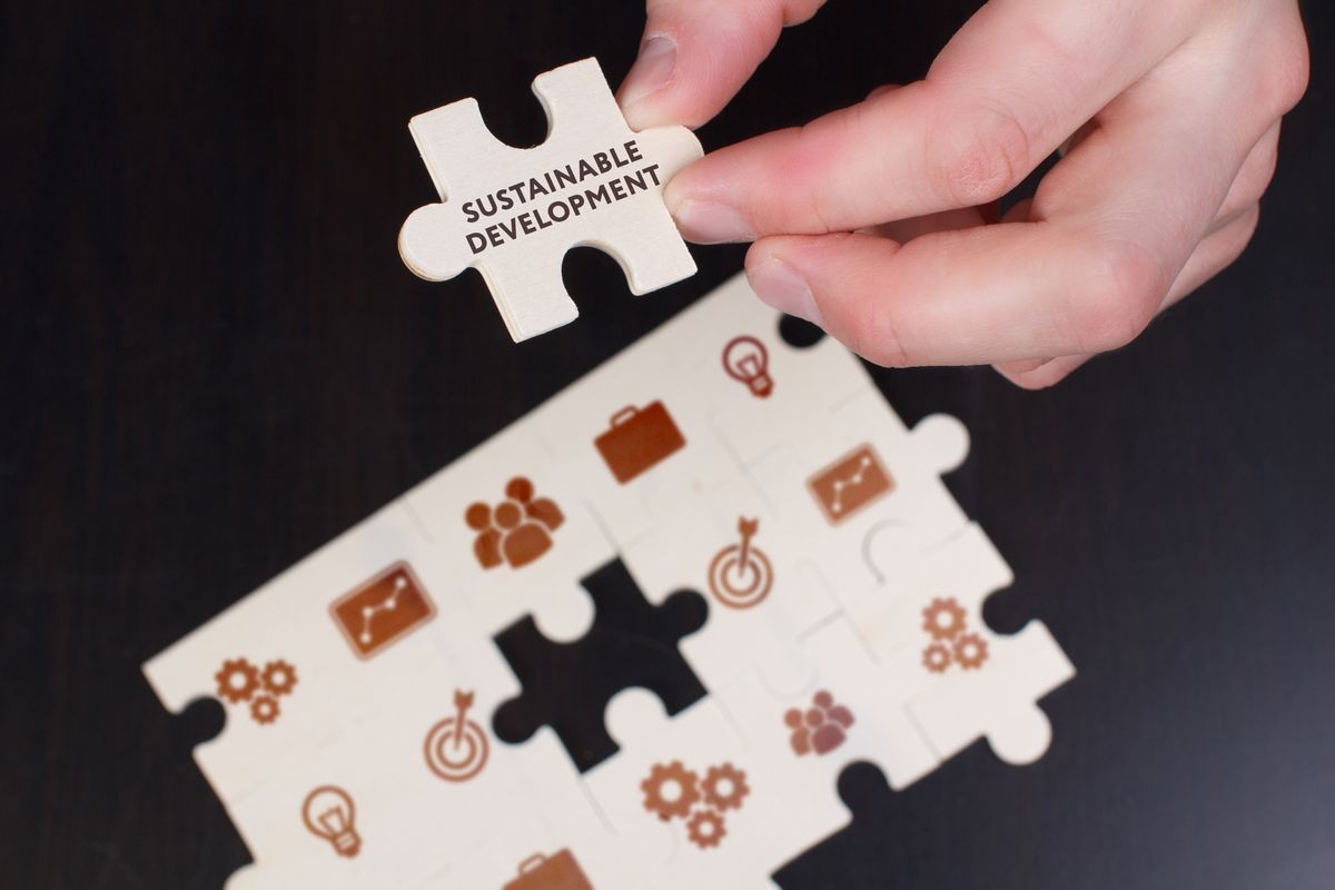 The concept of business, technology, the Internet and the network. A young businessman collects a puzzle with the proper inscription: Sustainable development